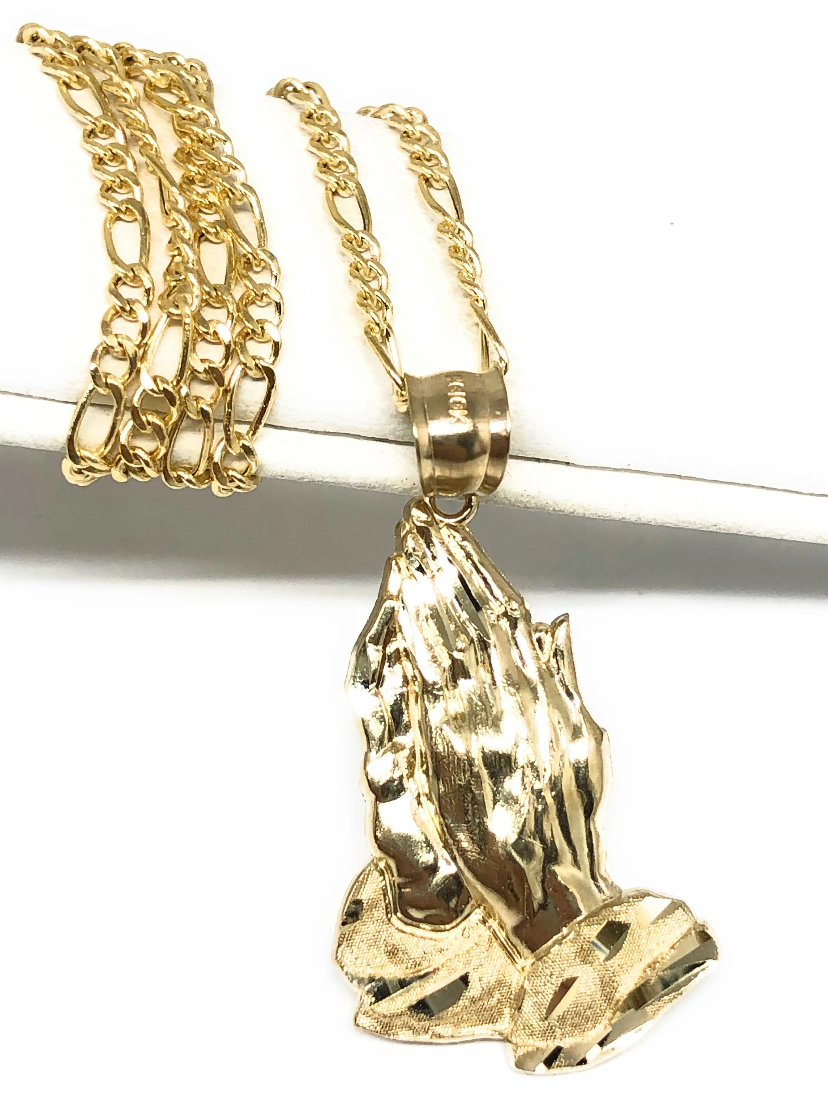 10k Solid Gold Classic Praying Hands Pendant Necklace (LEFT FACING) (MED,LG)