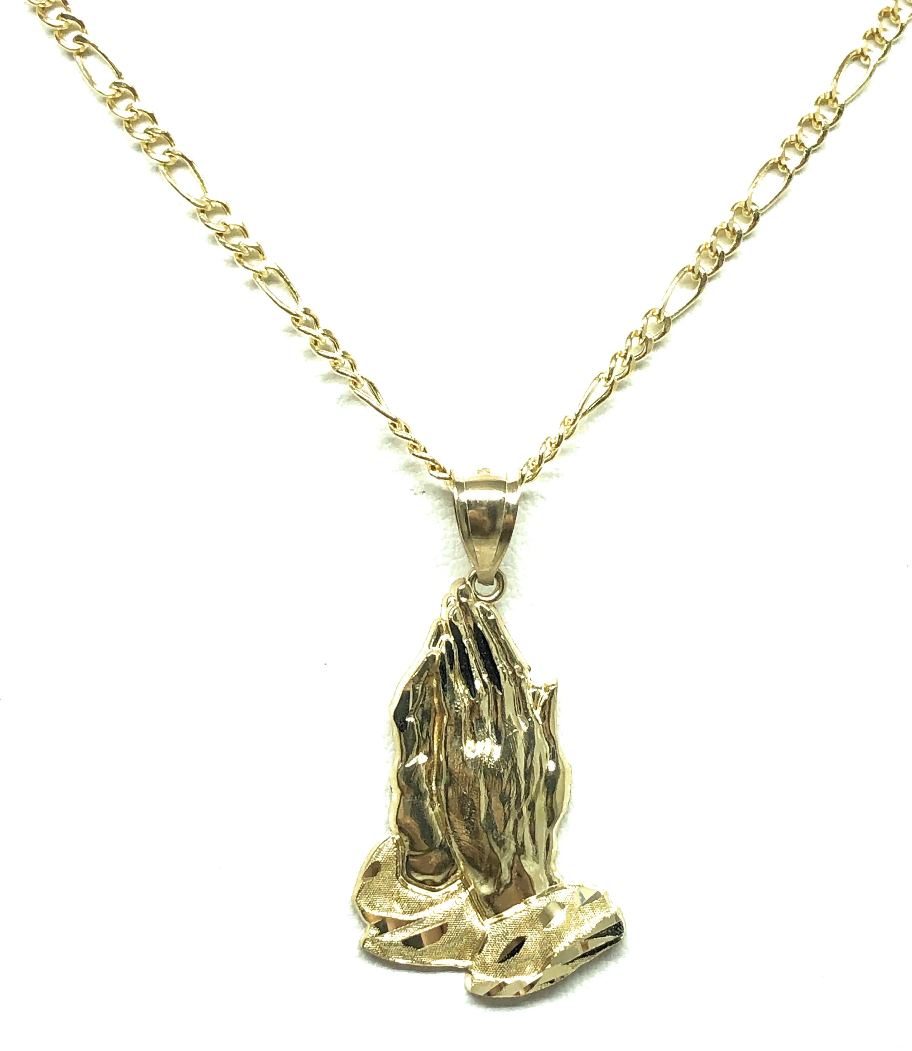 10k Solid Gold Classic Praying Hands Pendant Necklace (LEFT FACING) (MED,LG)