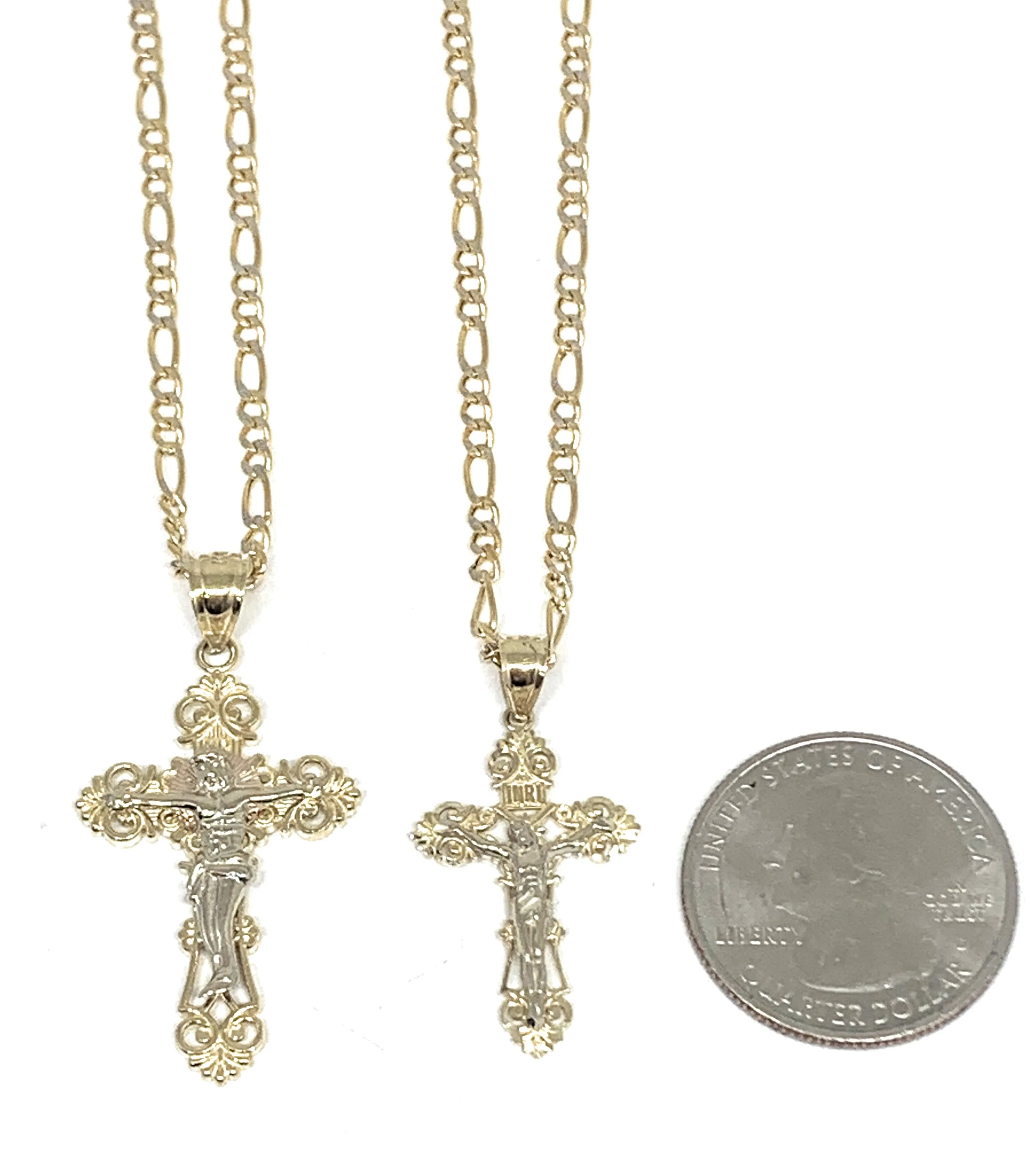 10k Solid Gold Yellow Classic 2-Tone Jesus Cross Crucifix Pendant Necklace (SM,MED)