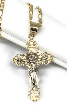 10k Solid Gold Yellow Classic 2-Tone Jesus Cross Crucifix Pendant Necklace (SM,MED)