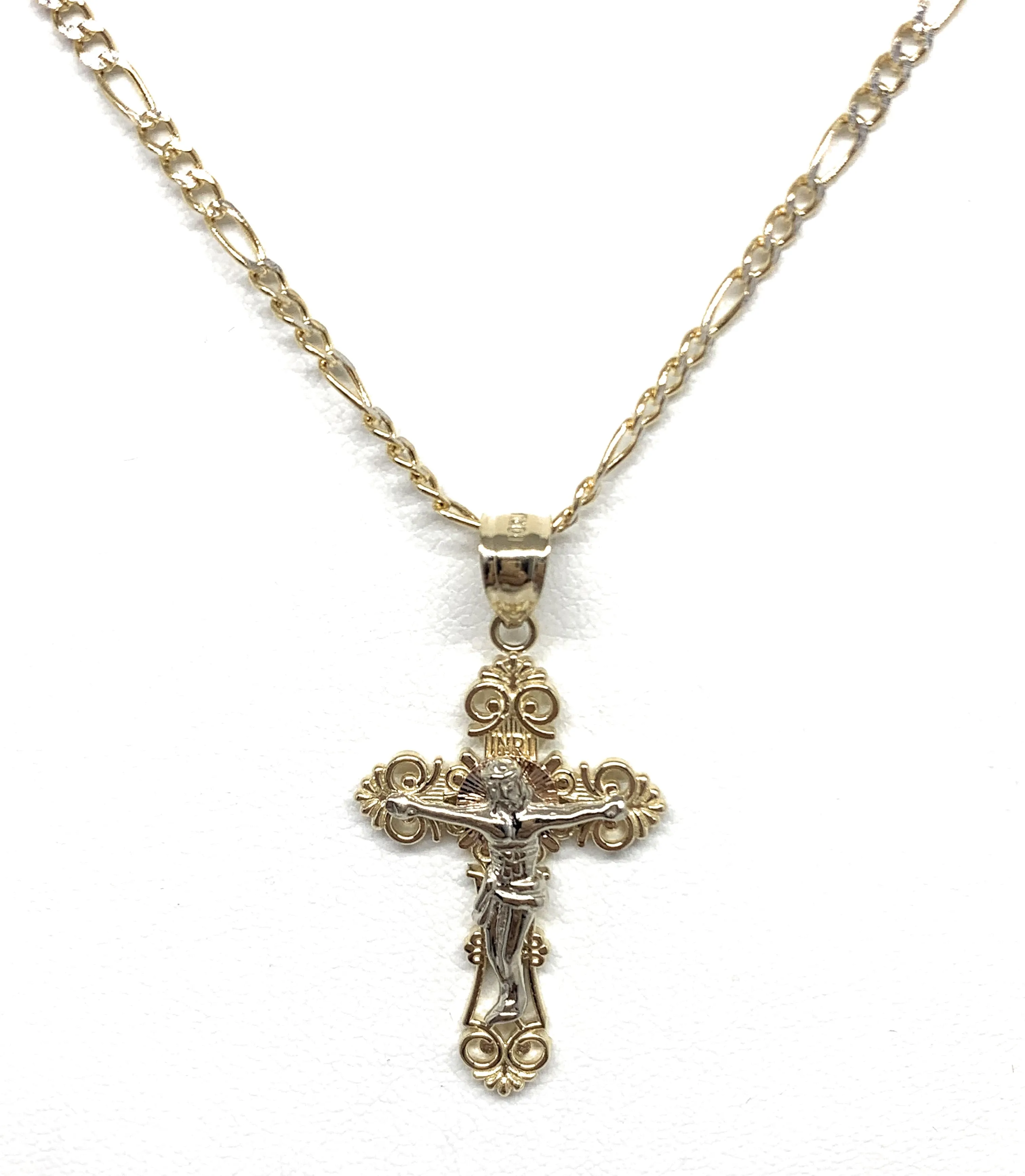 10k Solid Gold Yellow Classic 2-Tone Jesus Cross Crucifix Pendant Necklace (SM,MED)