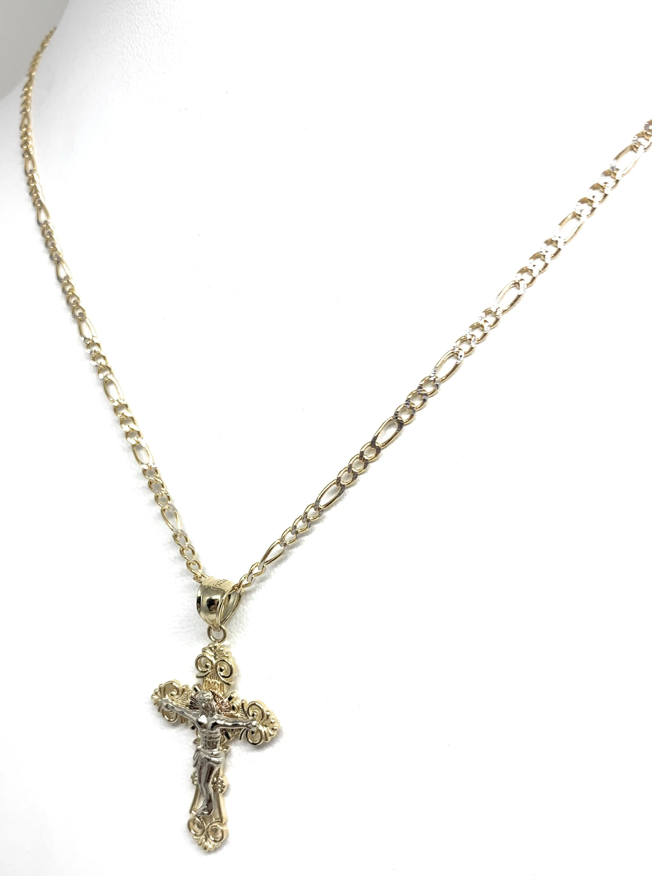 10k Solid Gold Yellow Classic 2-Tone Jesus Cross Crucifix Pendant Necklace (SM,MED)