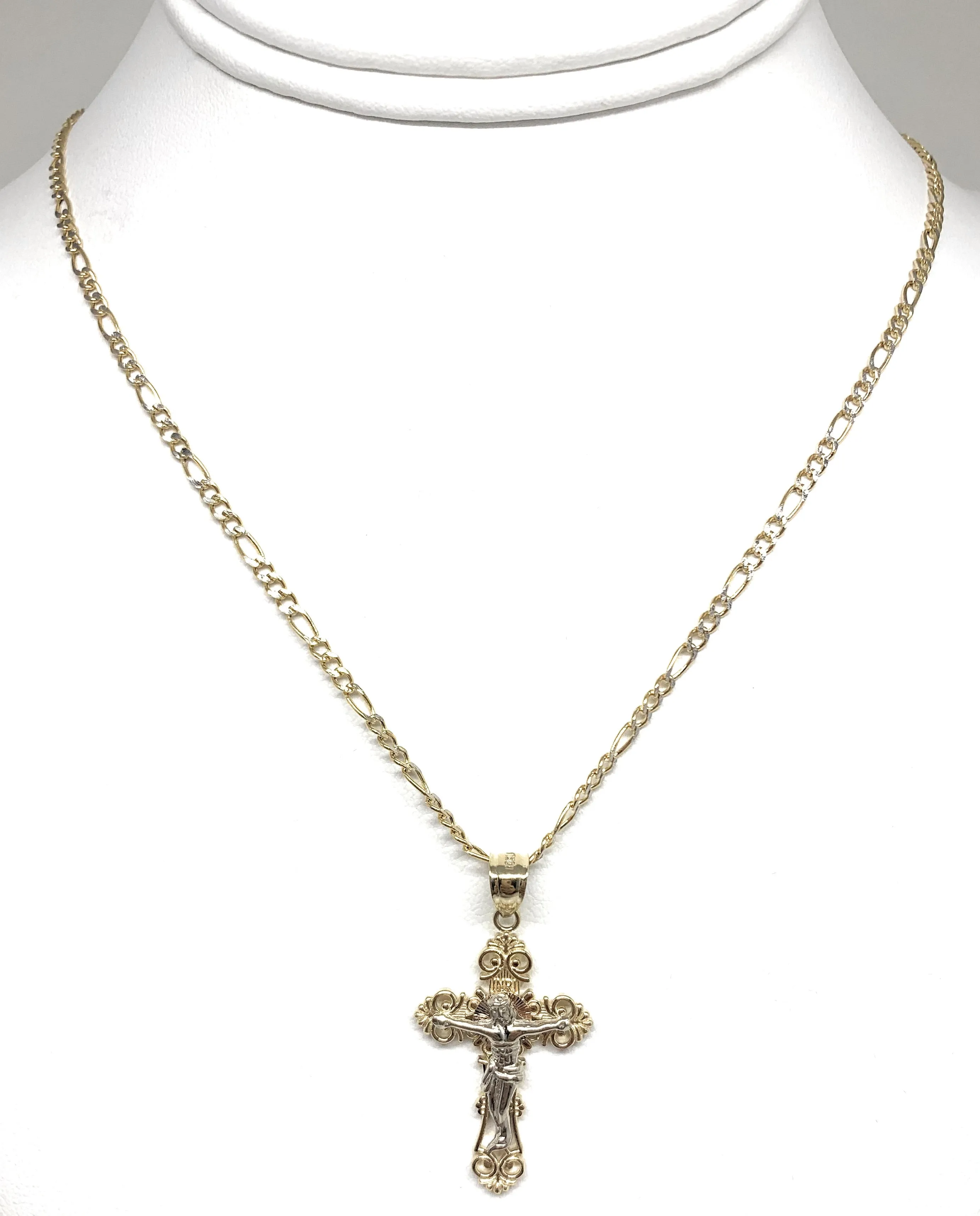 10k Solid Gold Yellow Classic 2-Tone Jesus Cross Crucifix Pendant Necklace (SM,MED)