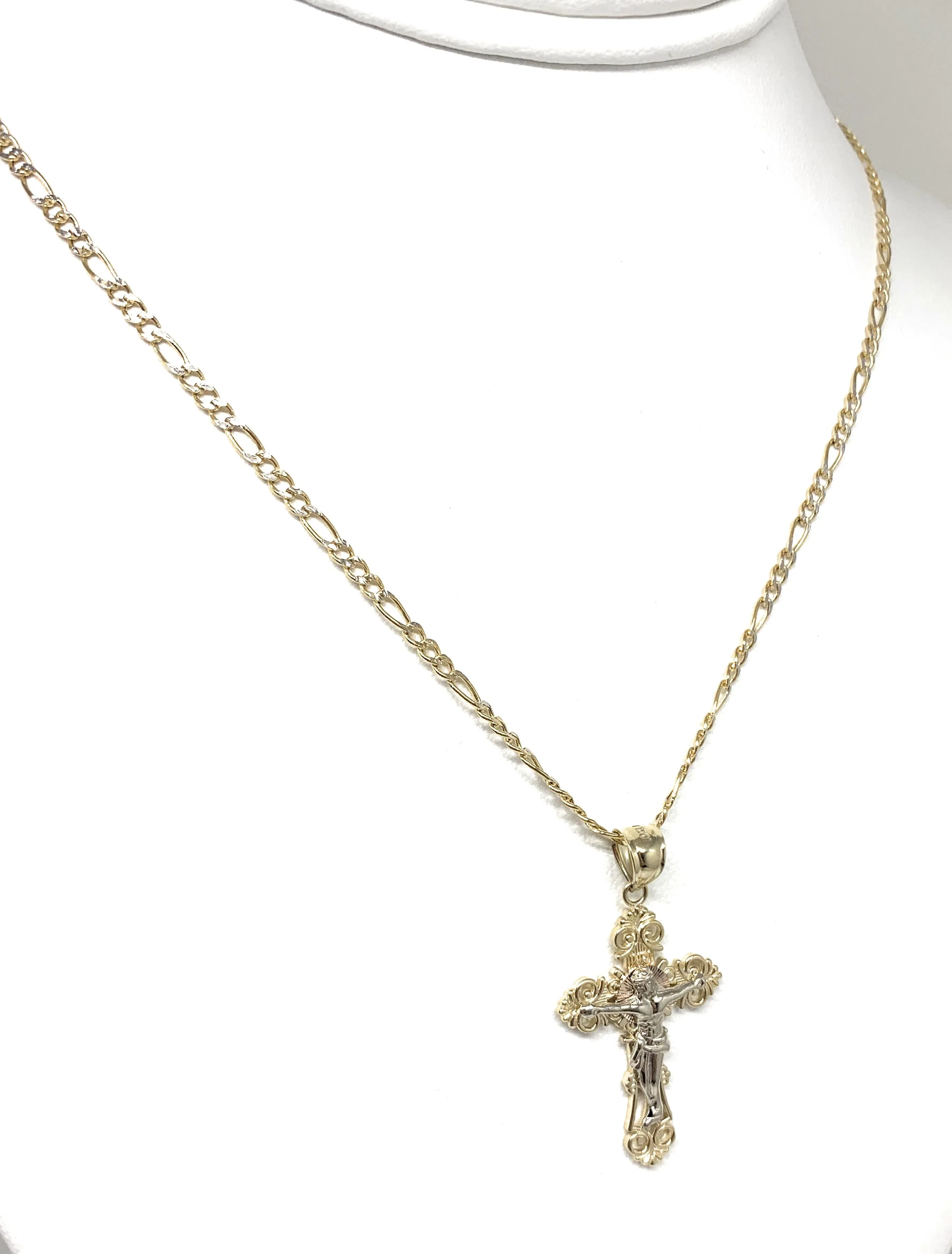 10k Solid Gold Yellow Classic 2-Tone Jesus Cross Crucifix Pendant Necklace (SM,MED)