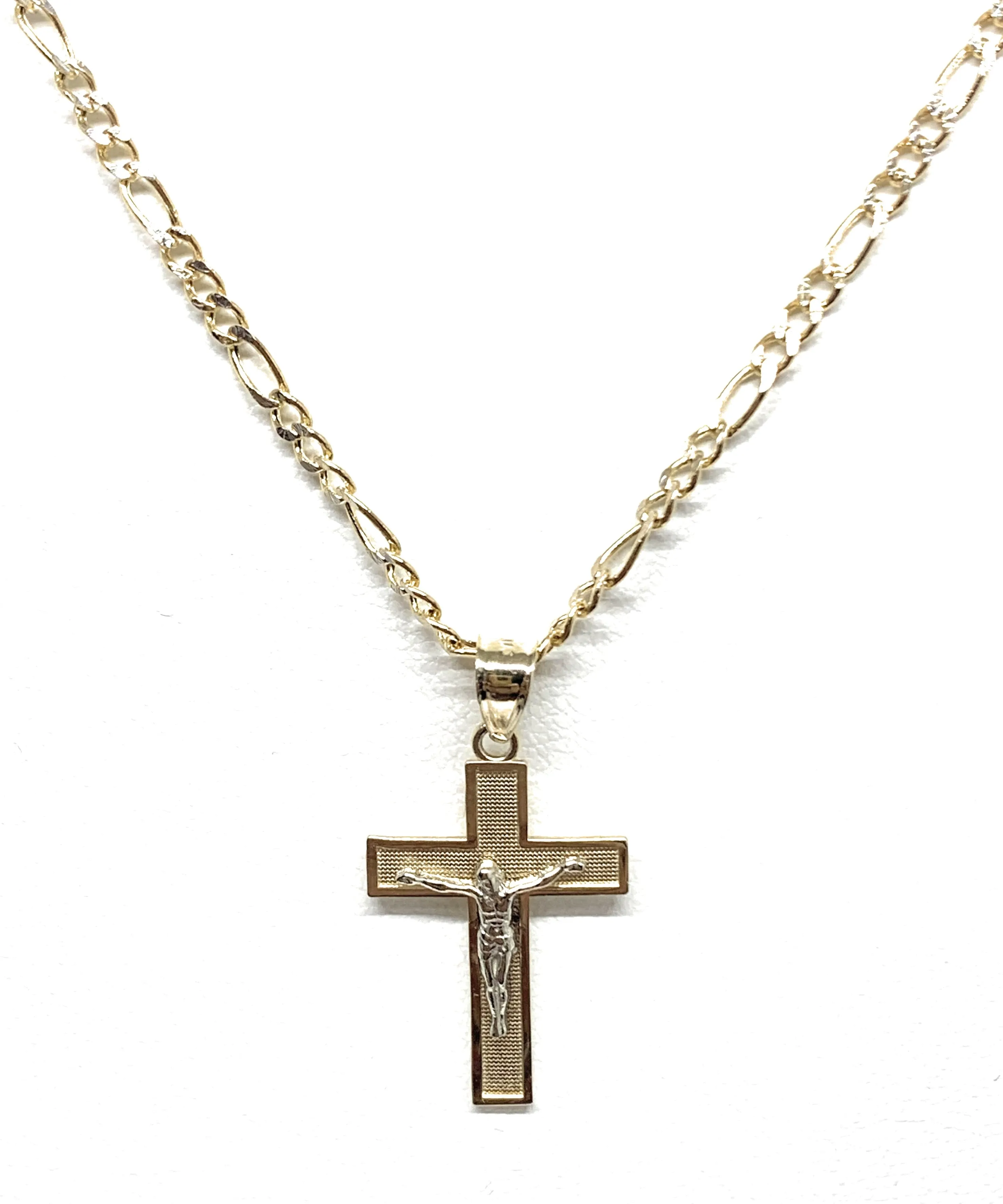 10k Solid Gold Yellow Classic 2-Tone Jesus Cross Crucifix Pendant Necklace