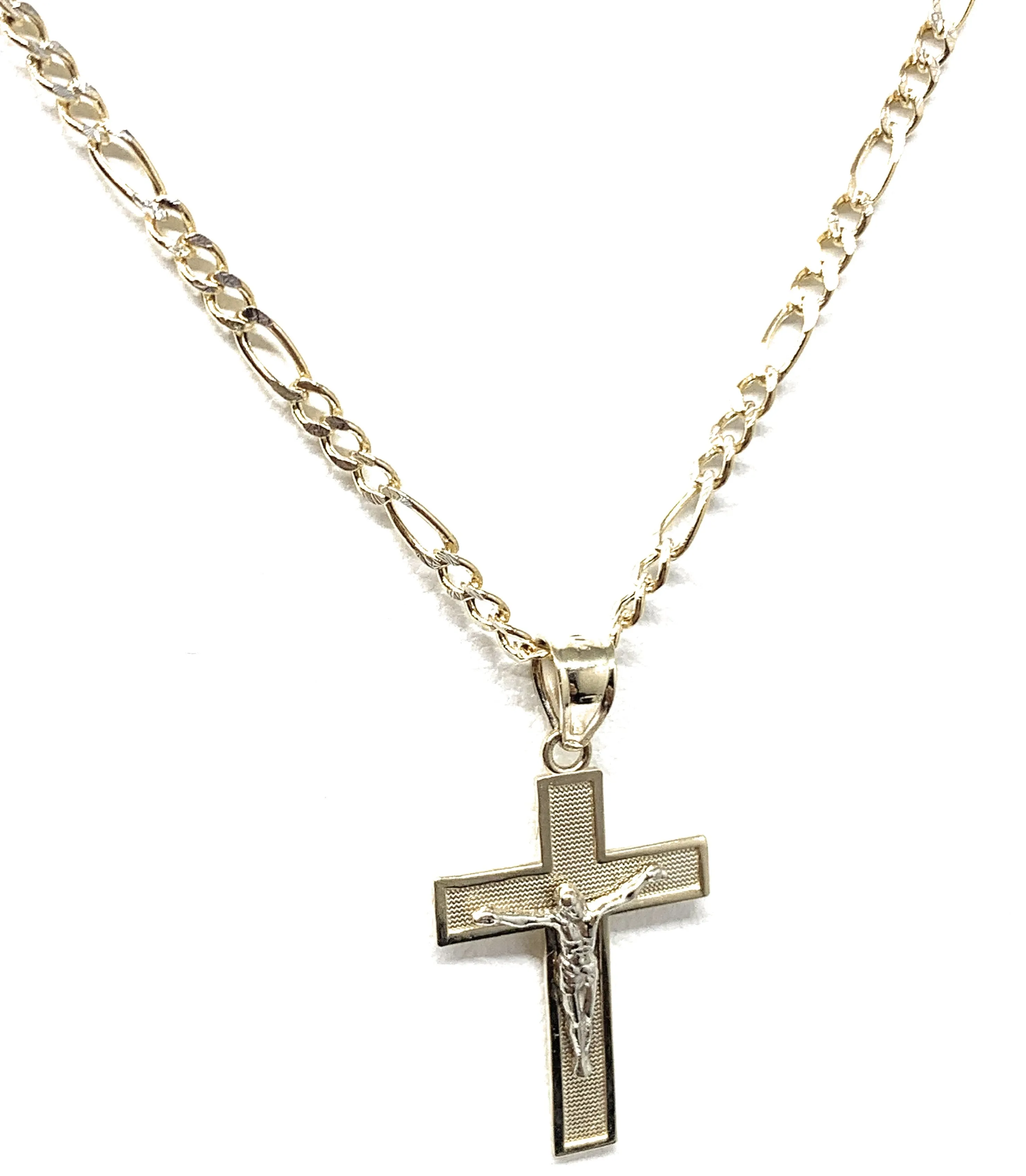 10k Solid Gold Yellow Classic 2-Tone Jesus Cross Crucifix Pendant Necklace