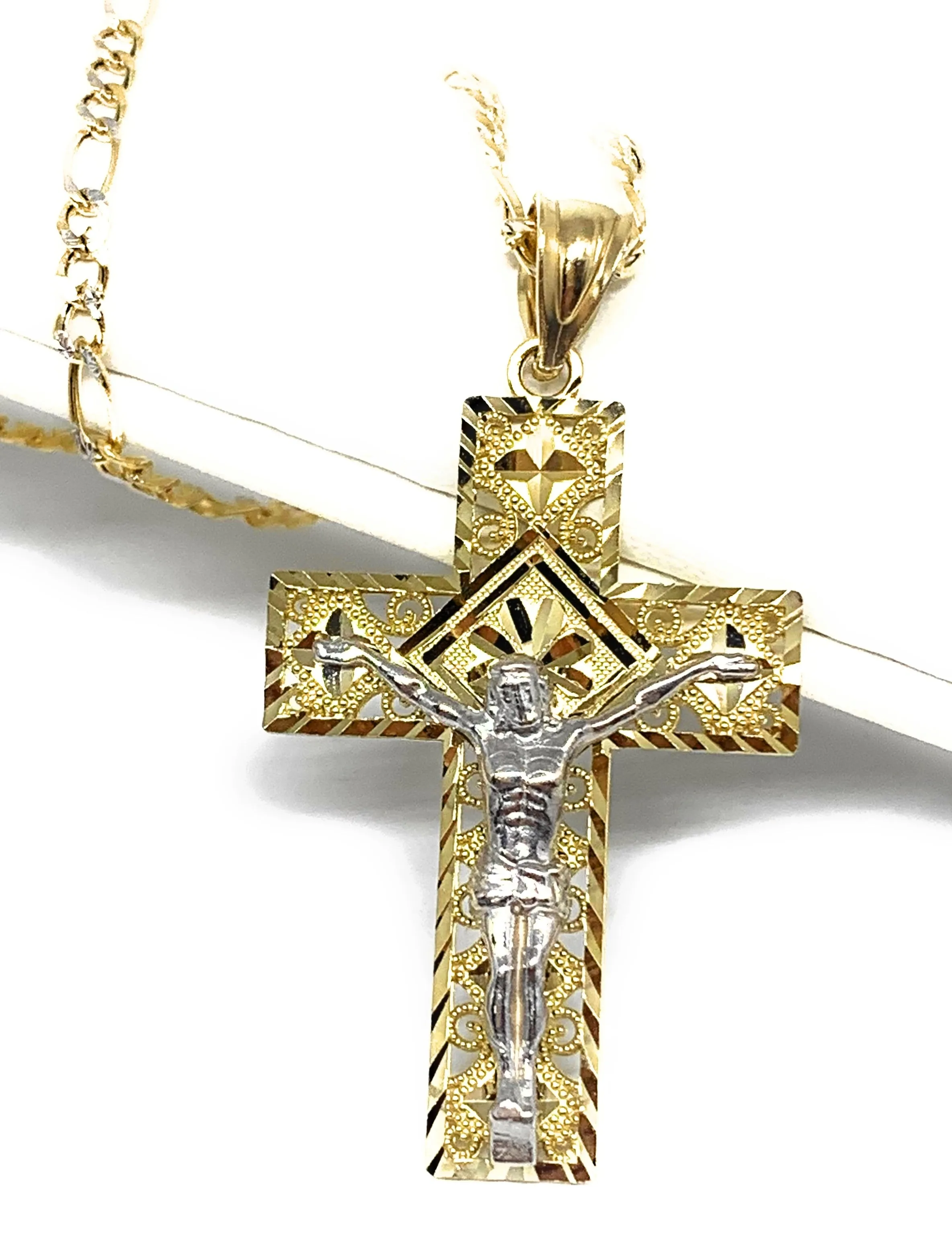 10k Solid Gold Yellow Classic 2-Tone Jesus Cross Filigran Crucifix Pendant Necklace (MED, SM)