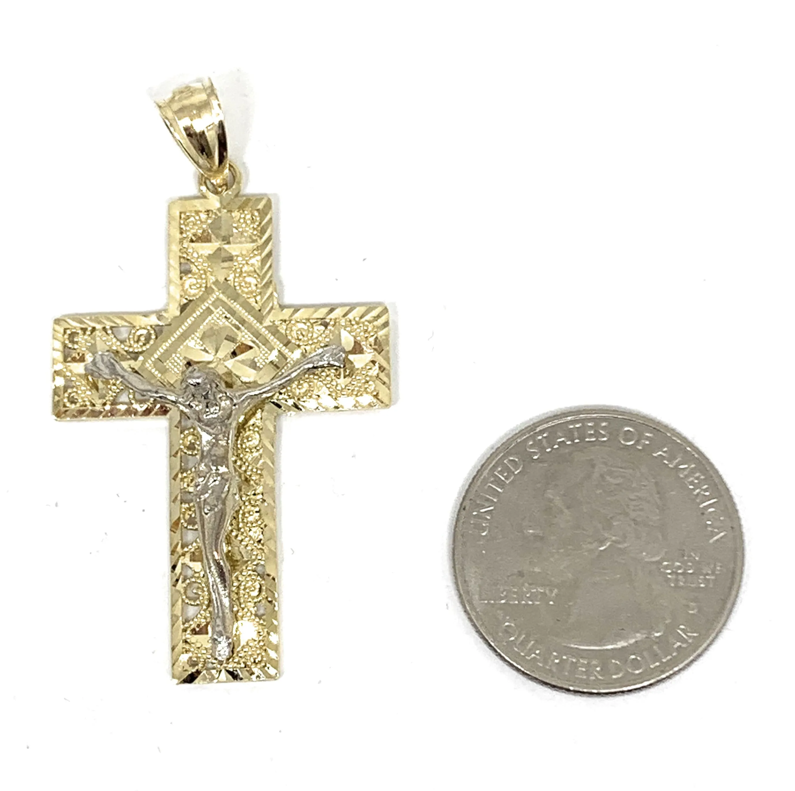 10k Solid Gold Yellow Classic 2-Tone Jesus Cross Filigran Crucifix Pendant Necklace (MED, SM)