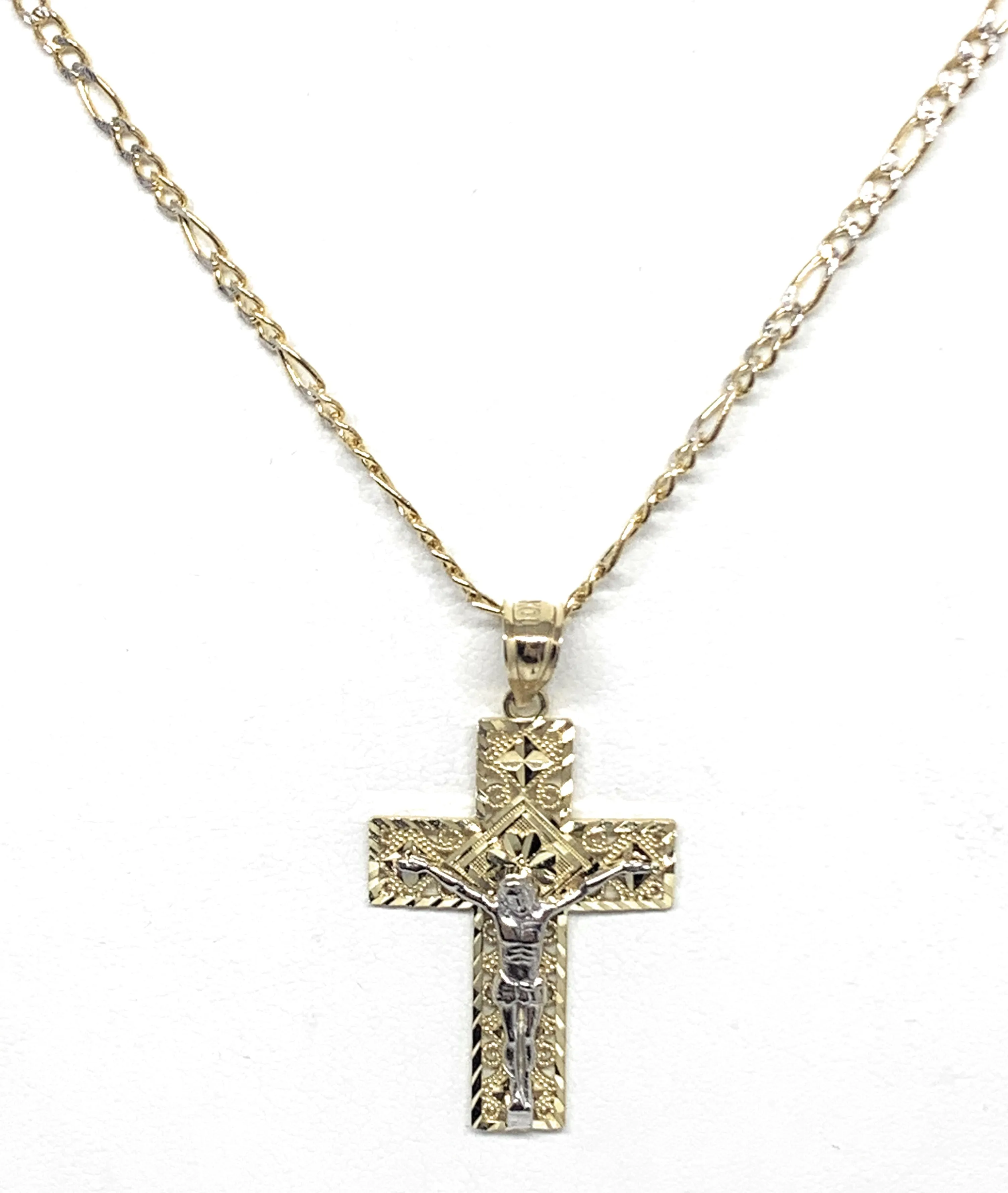 10k Solid Gold Yellow Classic 2-Tone Jesus Cross Filigran Crucifix Pendant Necklace (MED, SM)