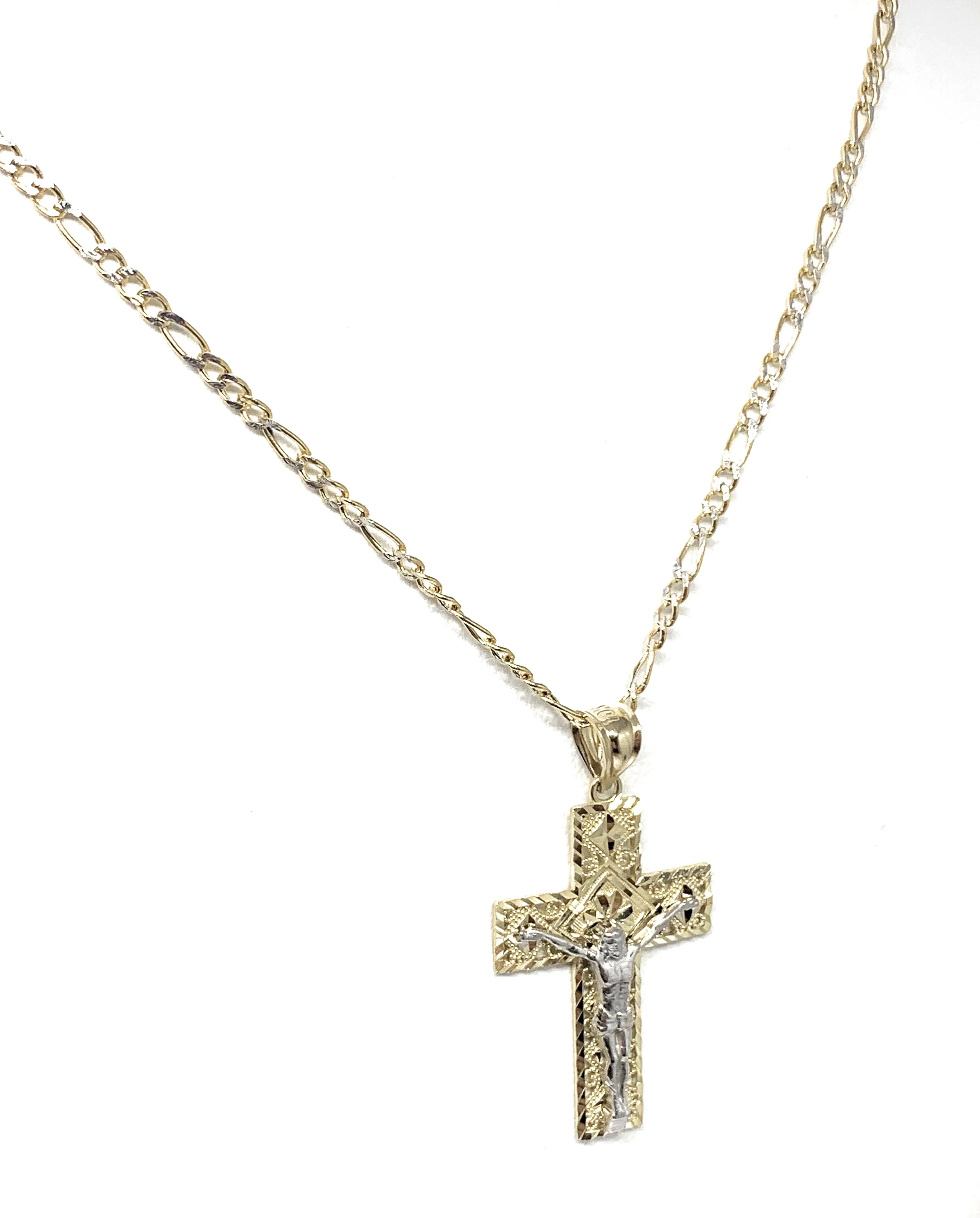 10k Solid Gold Yellow Classic 2-Tone Jesus Cross Filigran Crucifix Pendant Necklace (MED, SM)