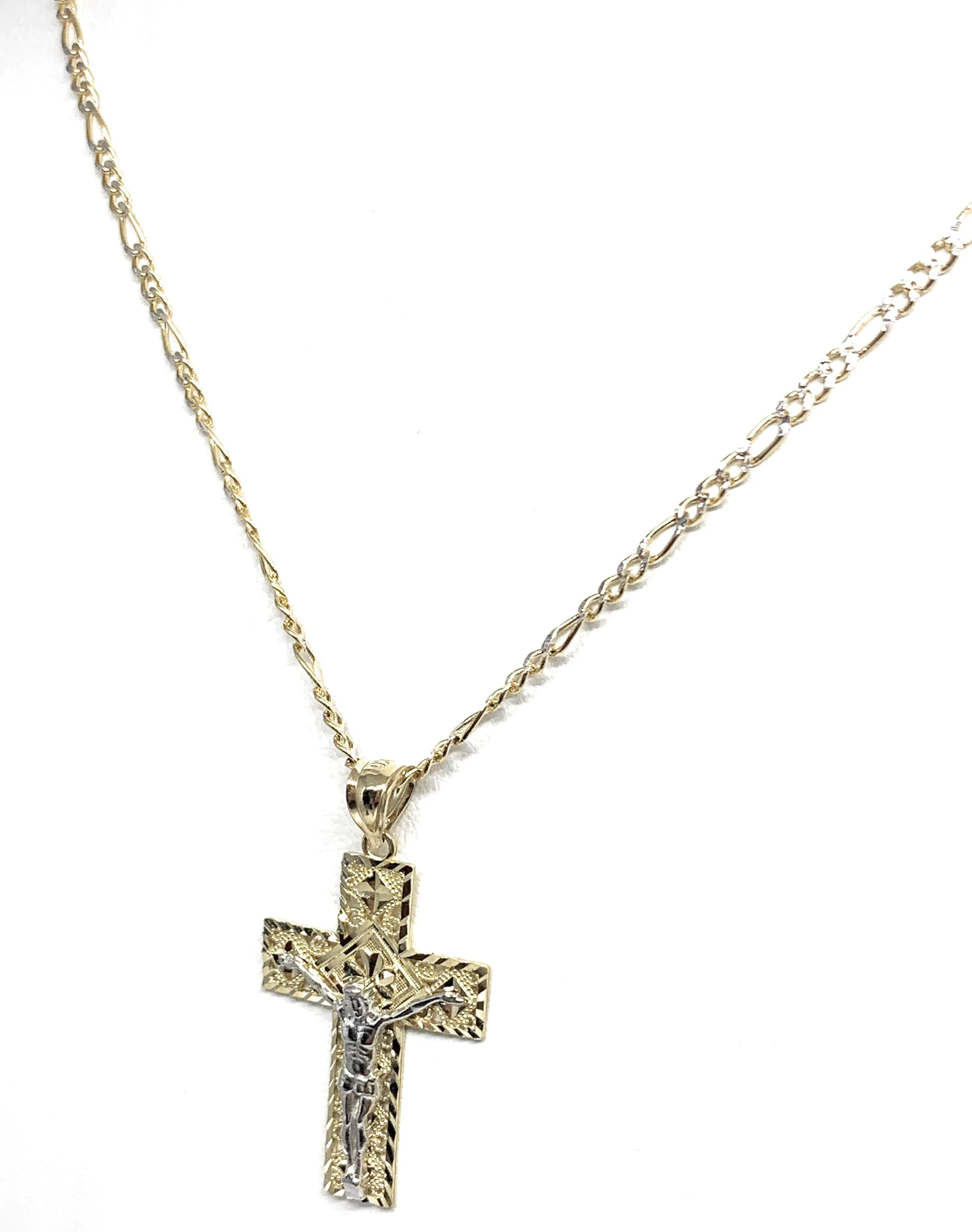 10k Solid Gold Yellow Classic 2-Tone Jesus Cross Filigran Crucifix Pendant Necklace (MED, SM)