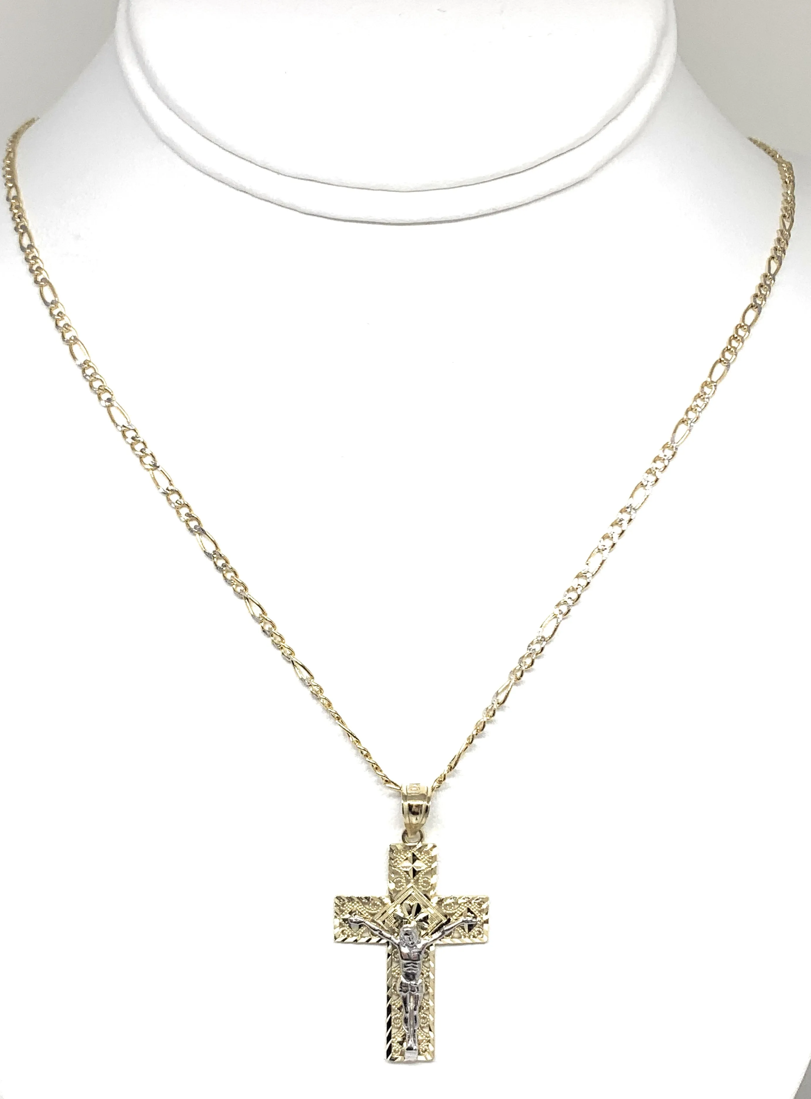 10k Solid Gold Yellow Classic 2-Tone Jesus Cross Filigran Crucifix Pendant Necklace (MED, SM)