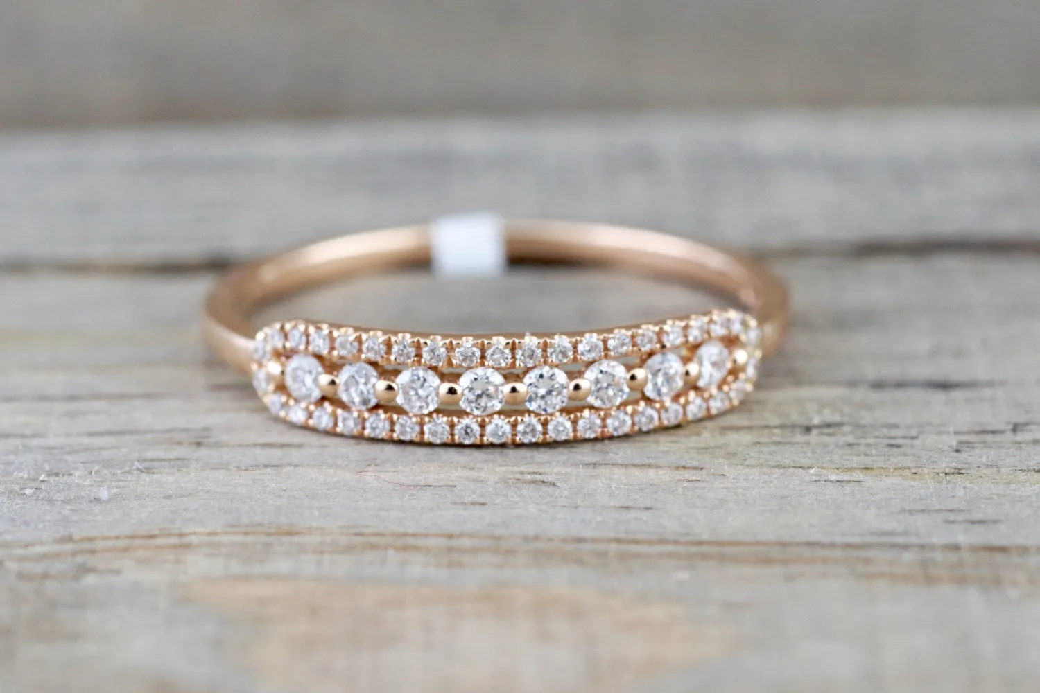 18k Rose Gold Diamond Vintage Classic Pave and Single Prong Band Ring Wedding