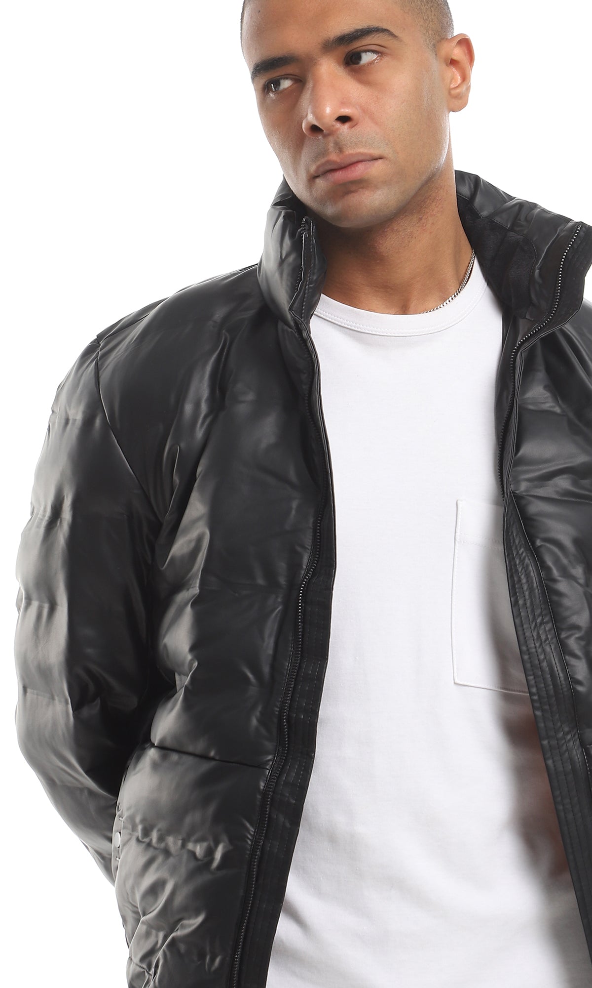 95836 Snap Buttoned Side Pocket Black Leather Bomber Jacket