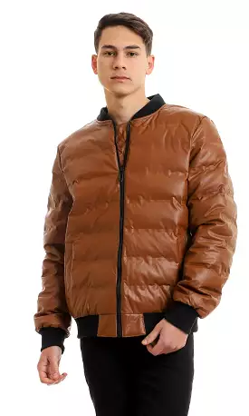 95840 Mandarin Collar Full Zipped Leather Havana Bomber Jacket