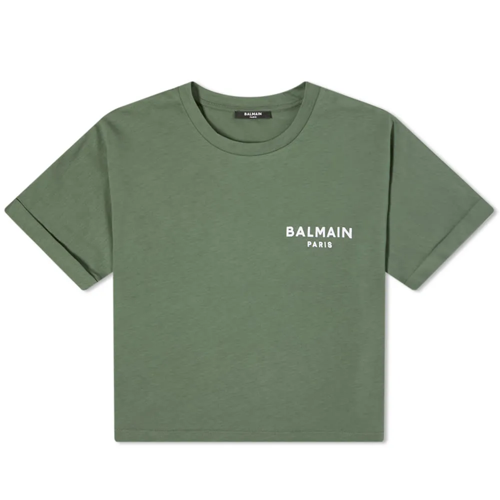 Balmain Cropped Logo T-ShirtKhaki Fonce & Blanc