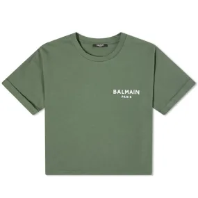 Balmain Cropped Logo T-ShirtKhaki Fonce & Blanc