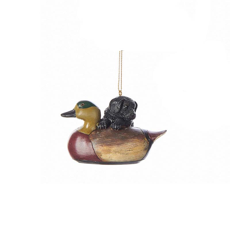 Black Resin Puppy With Duck Ornament