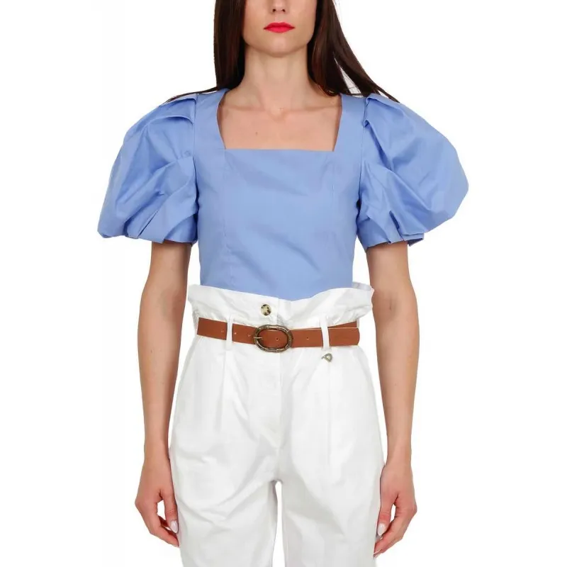 BLUSA CROPPED CON MANICHE A PALLONCINO, AZZURRO