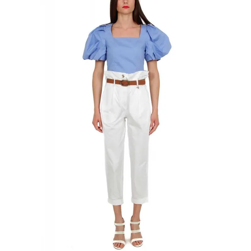 BLUSA CROPPED CON MANICHE A PALLONCINO, AZZURRO