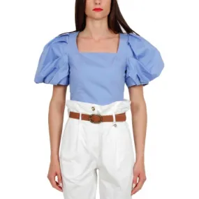 BLUSA CROPPED CON MANICHE A PALLONCINO, AZZURRO