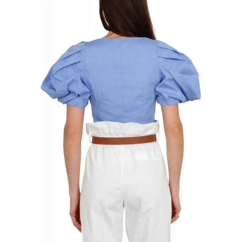 BLUSA CROPPED CON MANICHE A PALLONCINO, AZZURRO