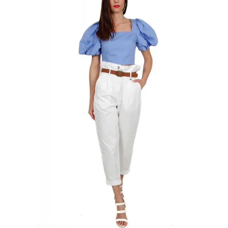 BLUSA CROPPED CON MANICHE A PALLONCINO, AZZURRO