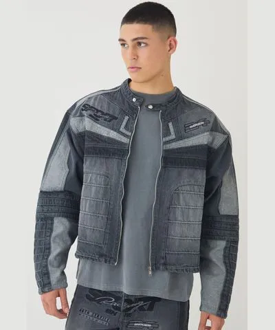 boohooMAN Mens Boxy Denim Moto Applique Biker Jacket