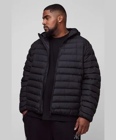 boohooMAN Mens Plus Zip Through Hooded Puffer Jacket In Black