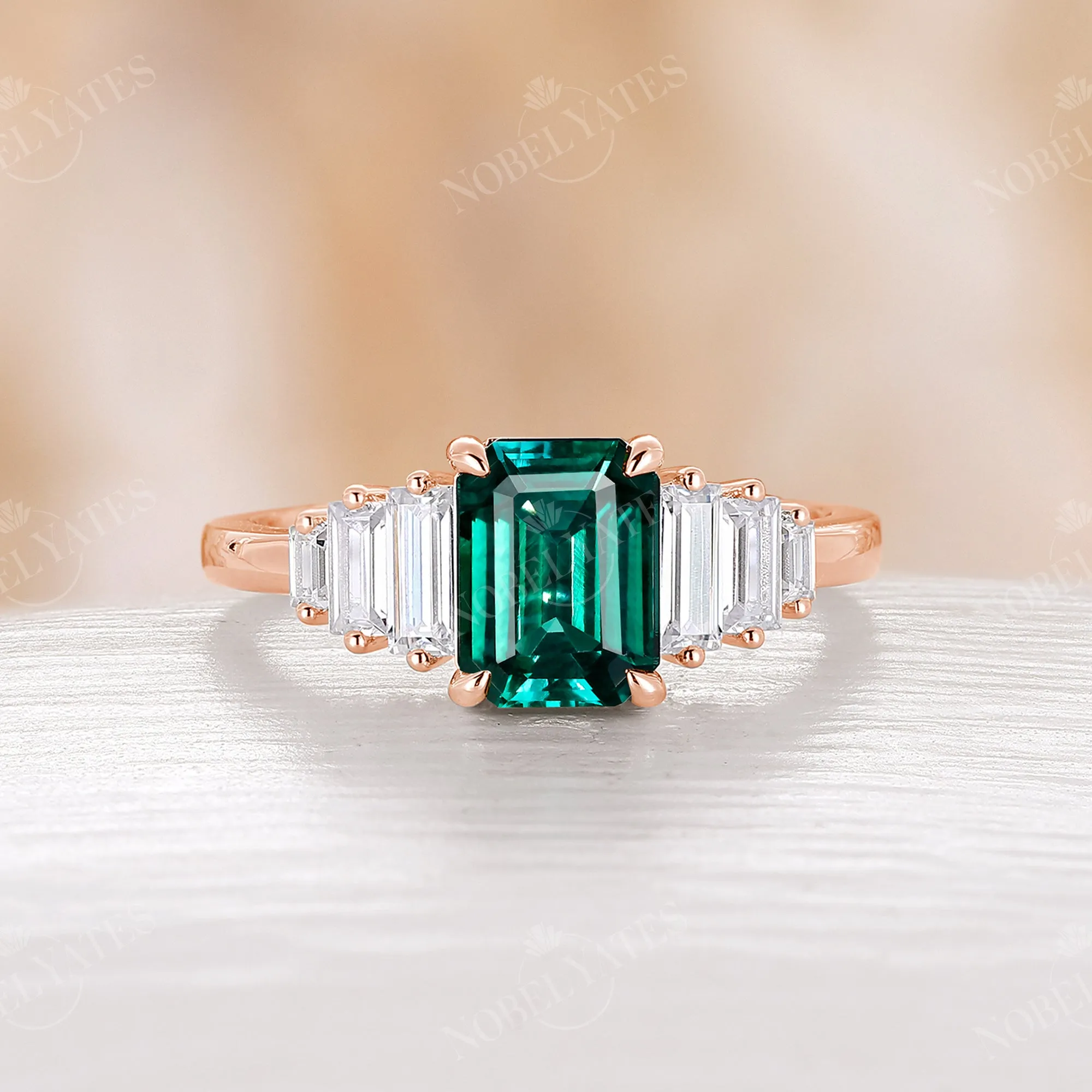 Classic Art Deco Emerald Cut Lab Emerald Engagement Ring