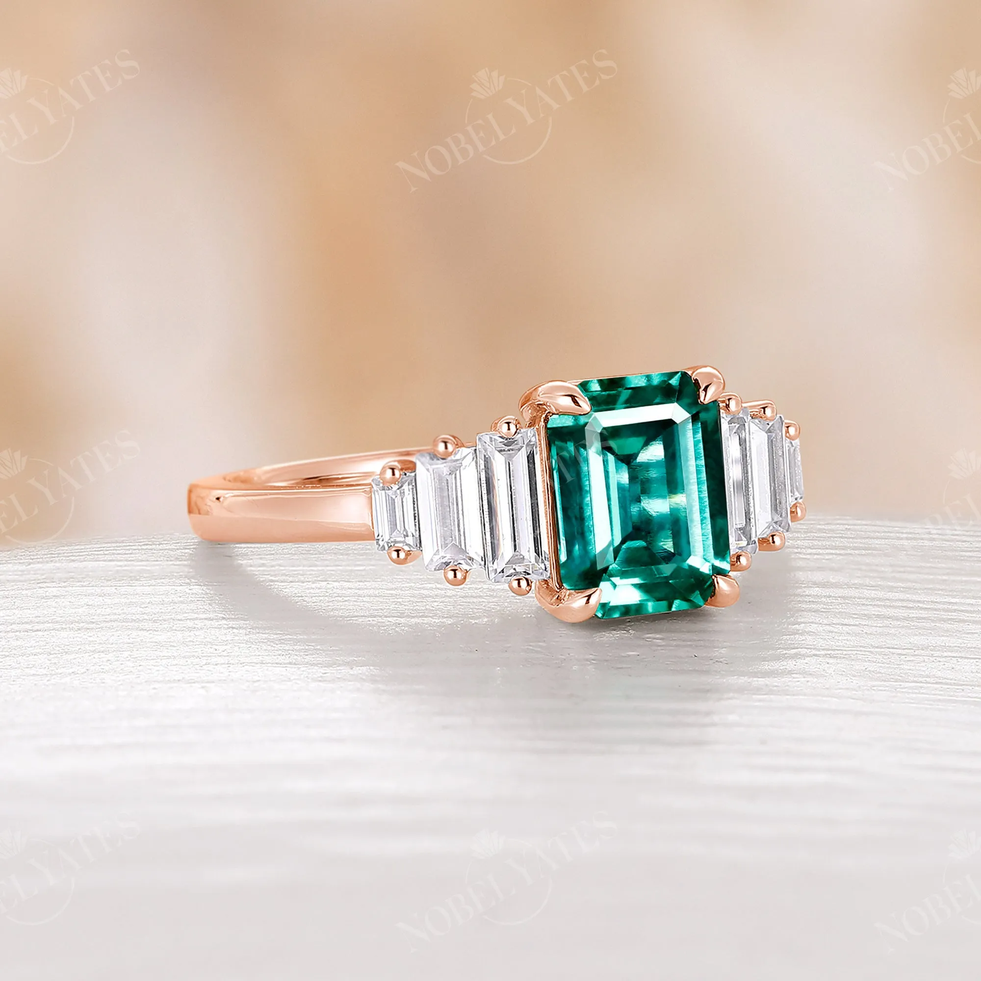 Classic Art Deco Emerald Cut Lab Emerald Engagement Ring