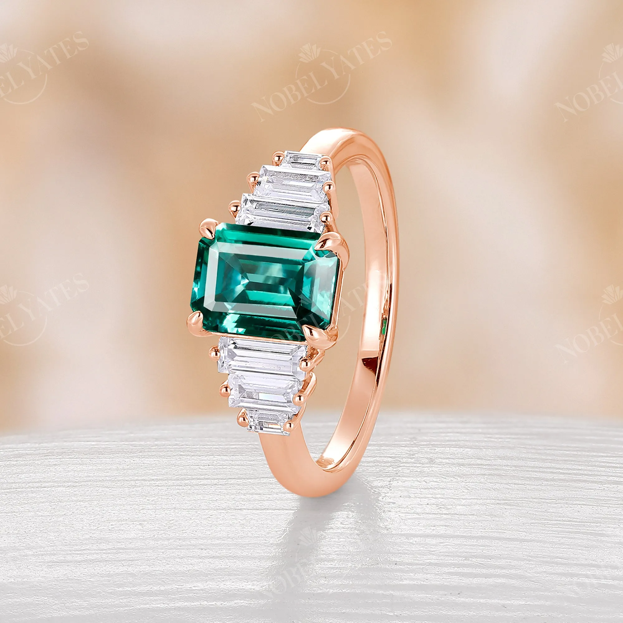 Classic Art Deco Emerald Cut Lab Emerald Engagement Ring