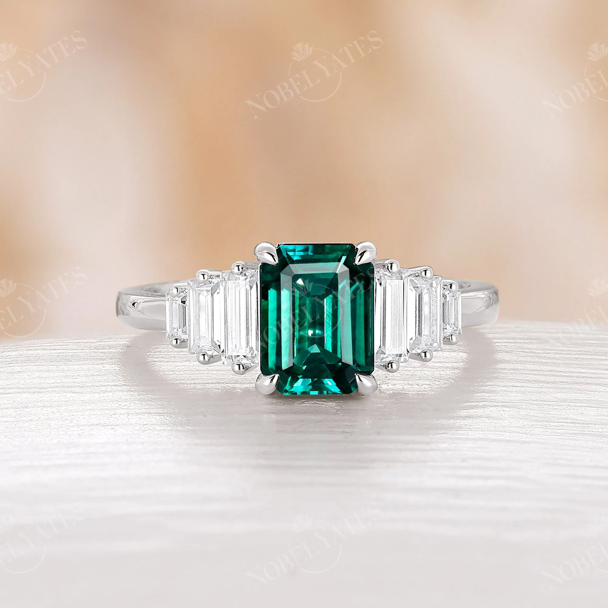 Classic Art Deco Emerald Cut Lab Emerald Engagement Ring