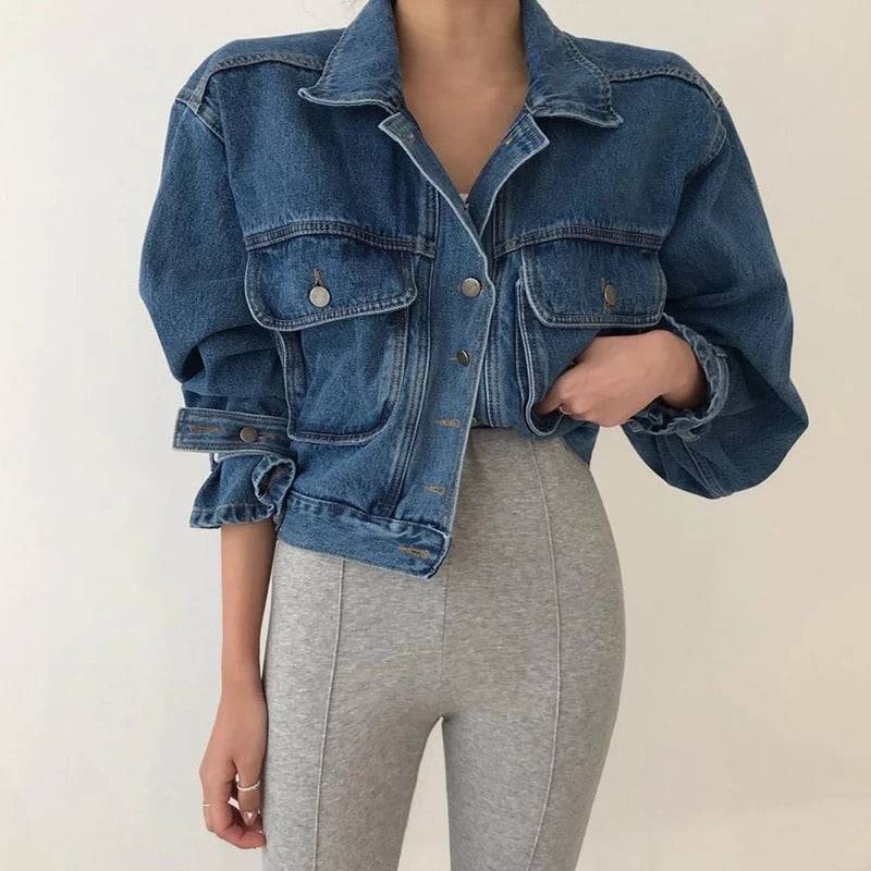 Elastic Waist Denim Jacket With Big Pockets