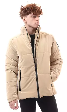 O174074 Stand Collar Long Sleeves Sand Beige Bomber Jacket