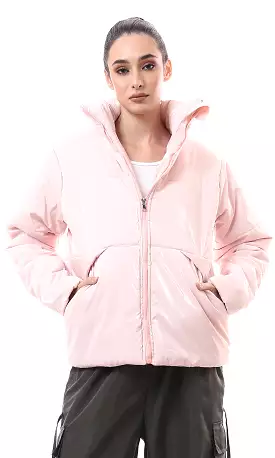 O174183 Shiny Rose Bomber Jacket With Stand Collar