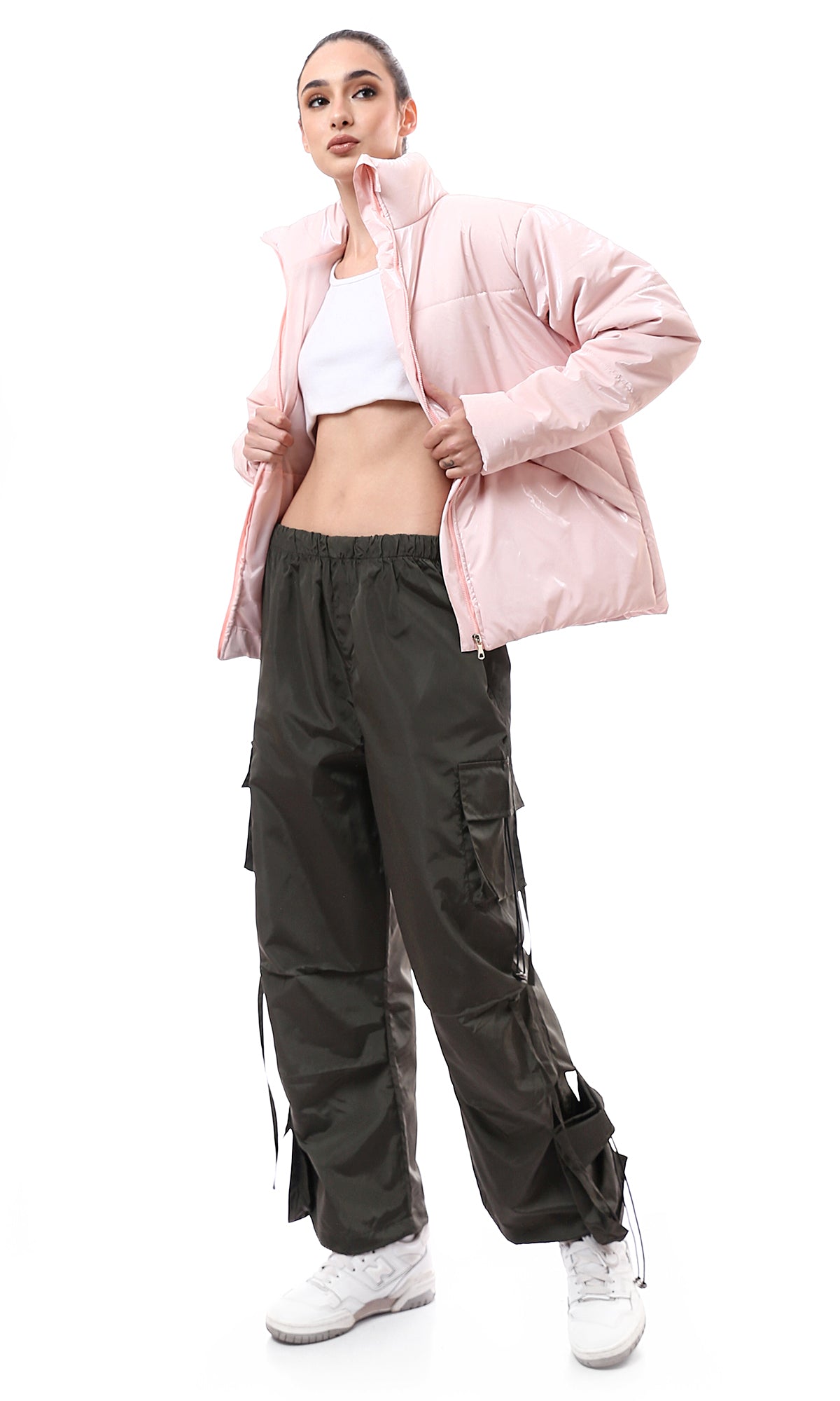 O174183 Shiny Rose Bomber Jacket With Stand Collar