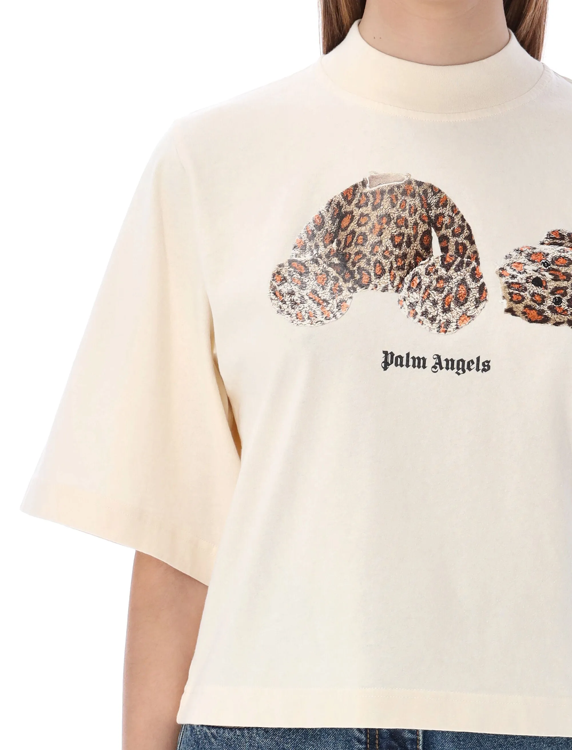 Palm Angels Crewneck Leopard Bear Cropped T-Shirt