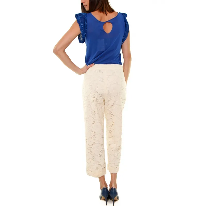 PANTALONE CROPPED PIZZO MACRAME', BEIGE