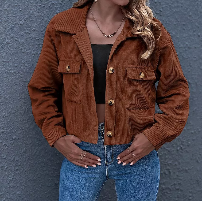 Plain Corduroy Cropped Shirt Jacket OF8