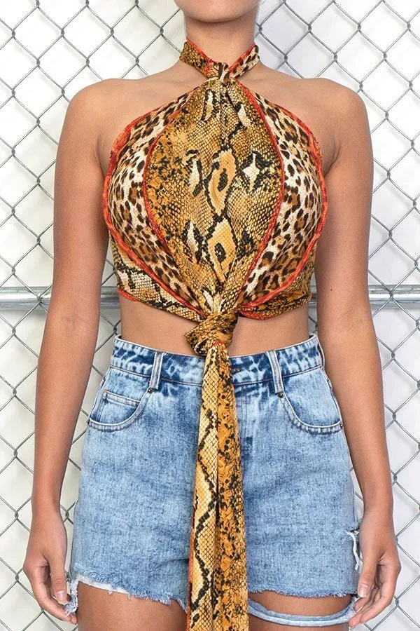 Snake Print Cropped Halter Top