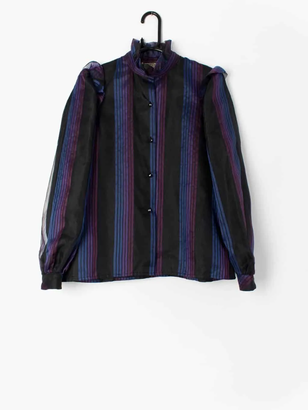 Vintage 80s party blouse with purple stripes and ruffle collar by Marion Donaldson – Small / Medium