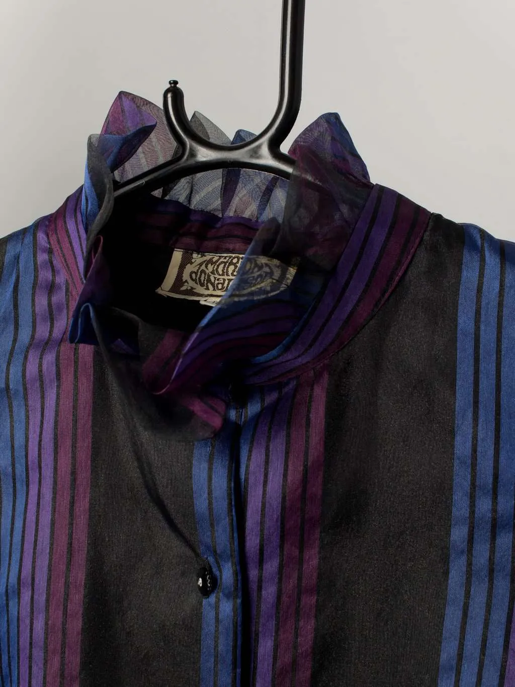 Vintage 80s party blouse with purple stripes and ruffle collar by Marion Donaldson – Small / Medium