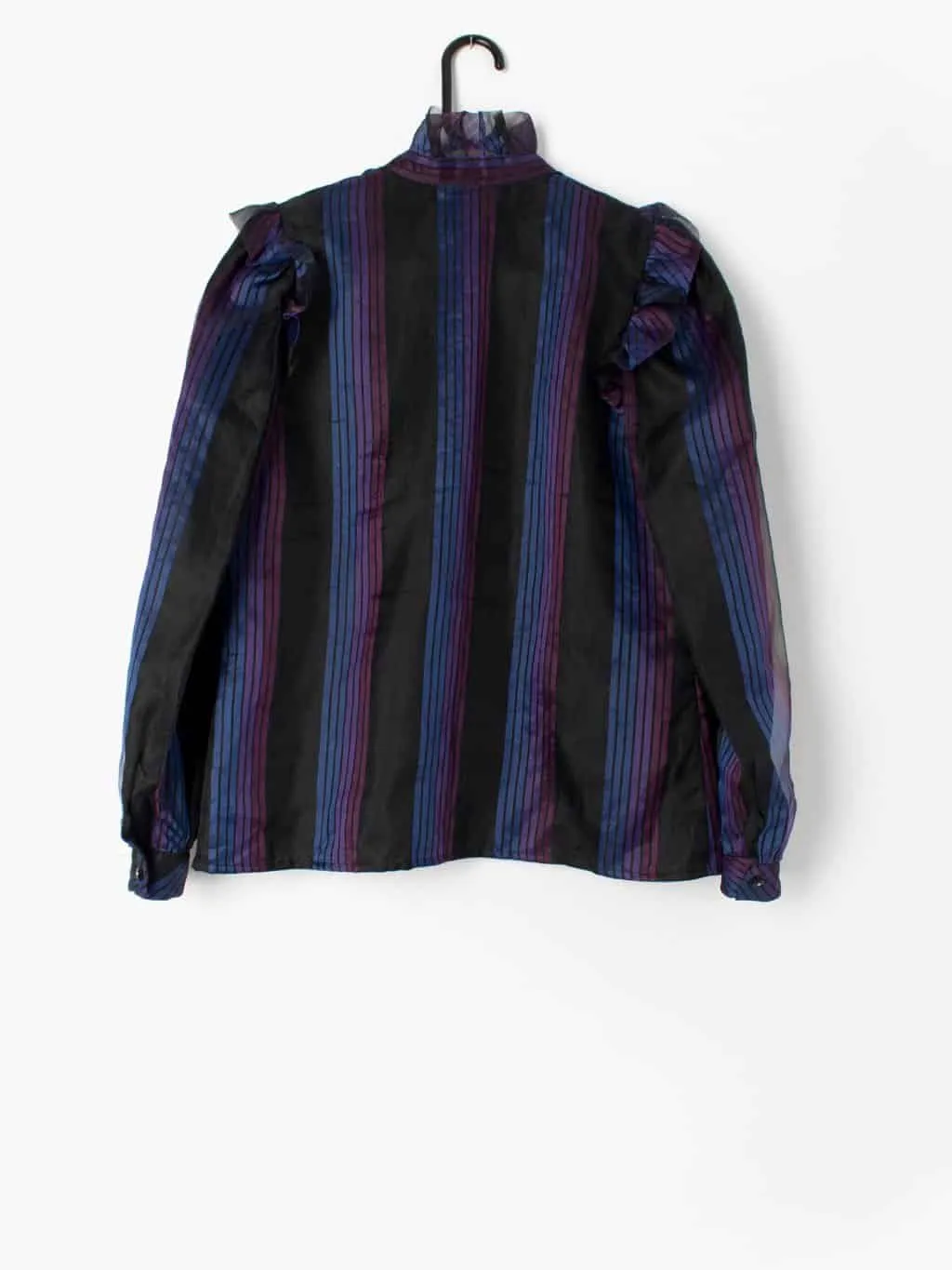 Vintage 80s party blouse with purple stripes and ruffle collar by Marion Donaldson – Small / Medium