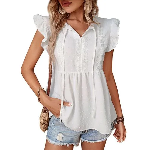 Women's Blouse Short Sleeve T-shirts Patchwork Elegant Solid Color