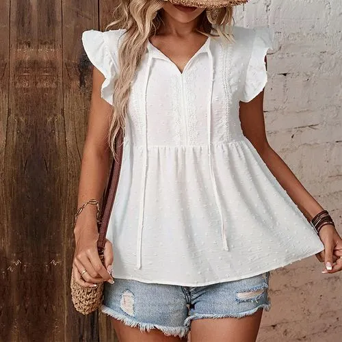 Women's Blouse Short Sleeve T-shirts Patchwork Elegant Solid Color