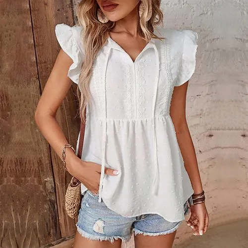 Women's Blouse Short Sleeve T-shirts Patchwork Elegant Solid Color