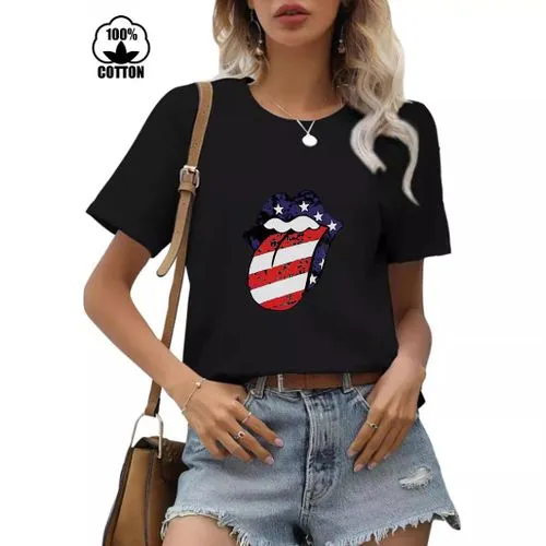 Women's T-shirt Short Sleeve T-Shirts Printing Streetwear Mouth American Flag