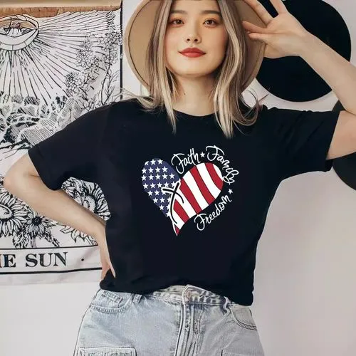 Women's T-shirt Short Sleeve T-Shirts Simple Style Letter American Flag