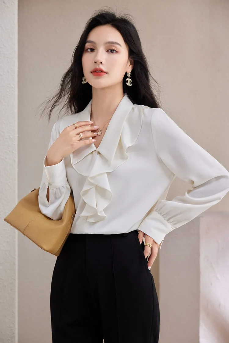 Women's Korean Elegant Office Loose Fit Chiffon Long Sleeves Blouse